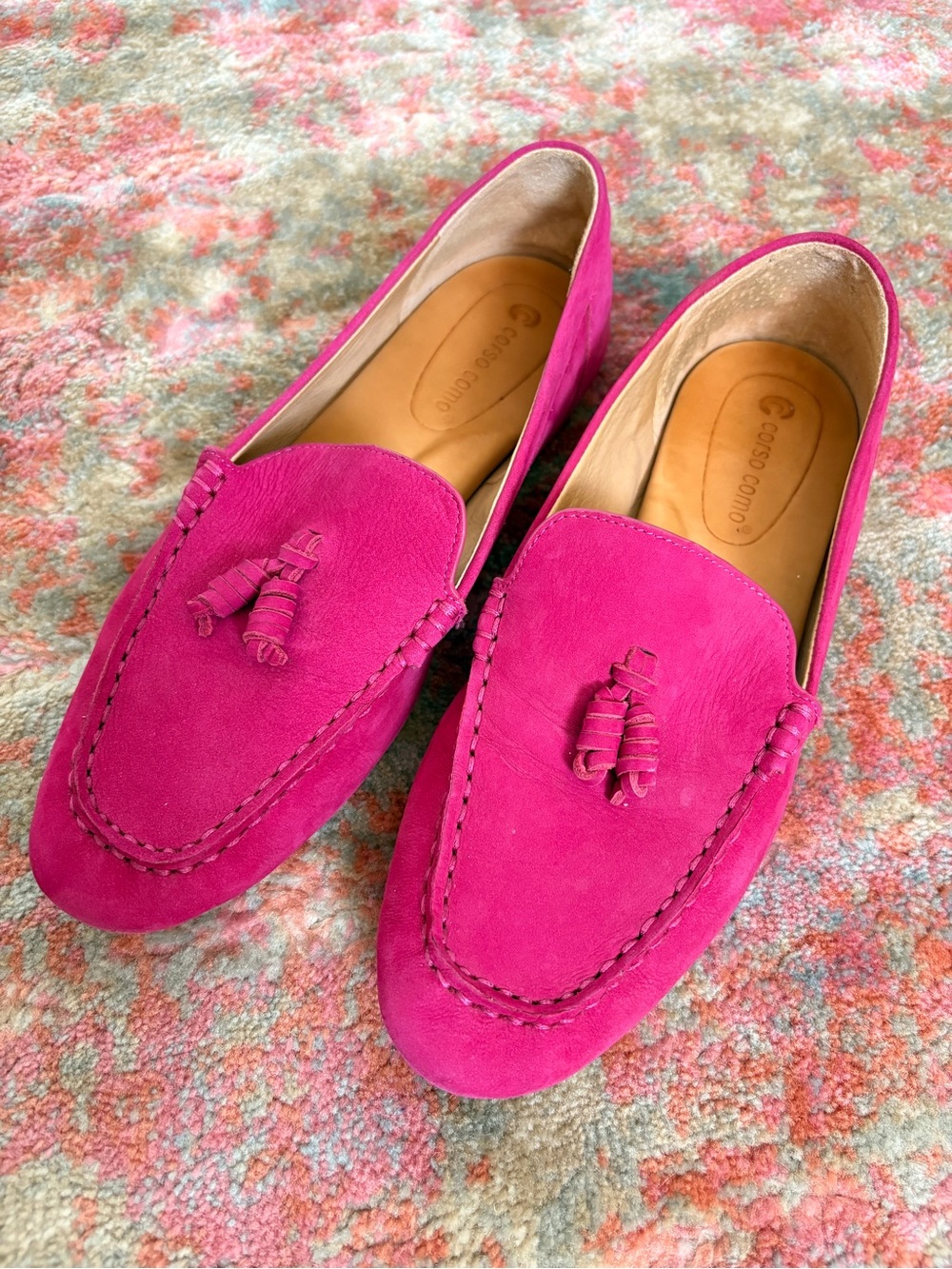 Fuchsia pink suede loafers